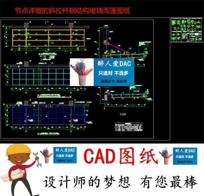 CAD0117 斜拉杆玻璃雨篷钢结构铝单板玻璃雨棚雨篷设计CAD图纸