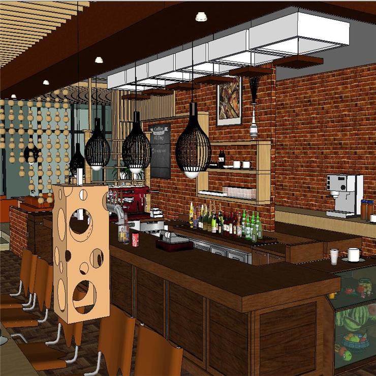 SU1769 sketchup模型库 SU模型精细咖啡厅室内室外整体SU吊顶设计
