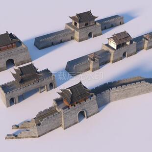 中式古建筑 城墙 城门 古建筑 古城 城楼 城防 草图大师SU模型