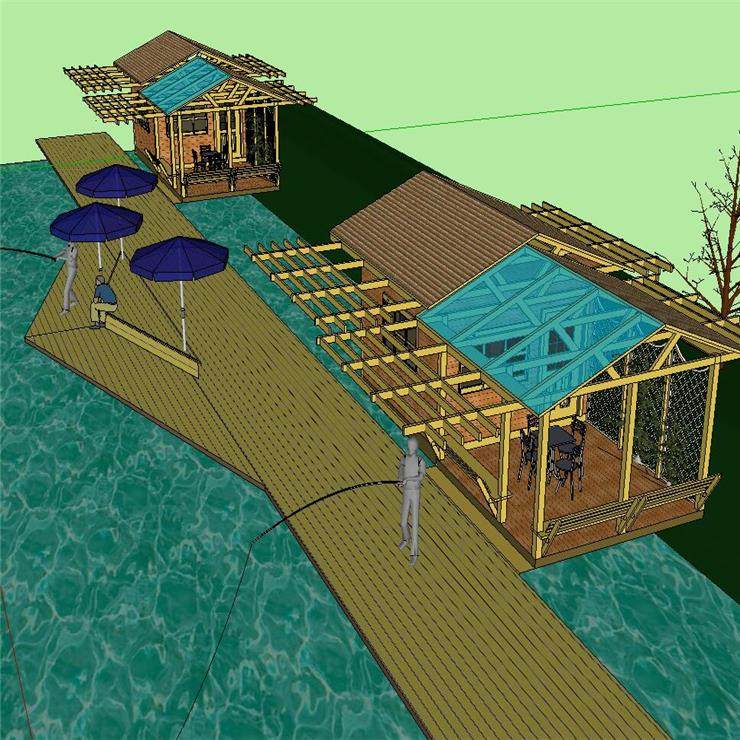 SU2091 sketchup模型库 SU模型 钓鱼台 休闲木屋 垂钓景观台模型