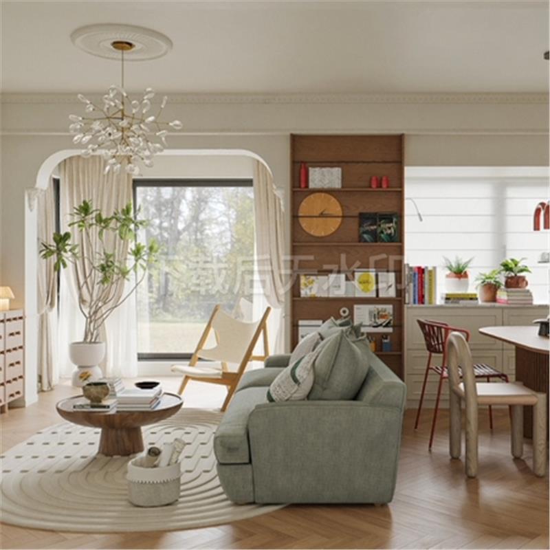 现代客餐厅 壁炉书架横厅开放式厨房 法式中古混搭草图大师SU模型