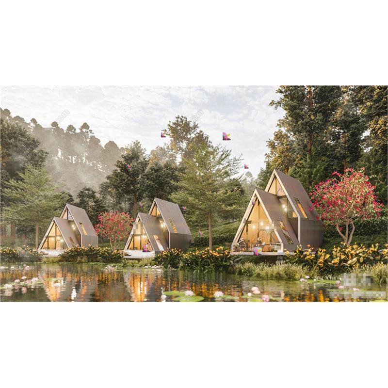 5031现代民宿建筑 木屋 森林别墅 滨水景观木屋 度假木屋SU模型