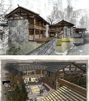 草图大师乡村仿古民宿客栈农家乐分散式度假村名宿酒店建筑su模型