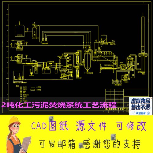 CAD图纸2吨化工污泥焚烧系统工艺流程图含设备布置管道