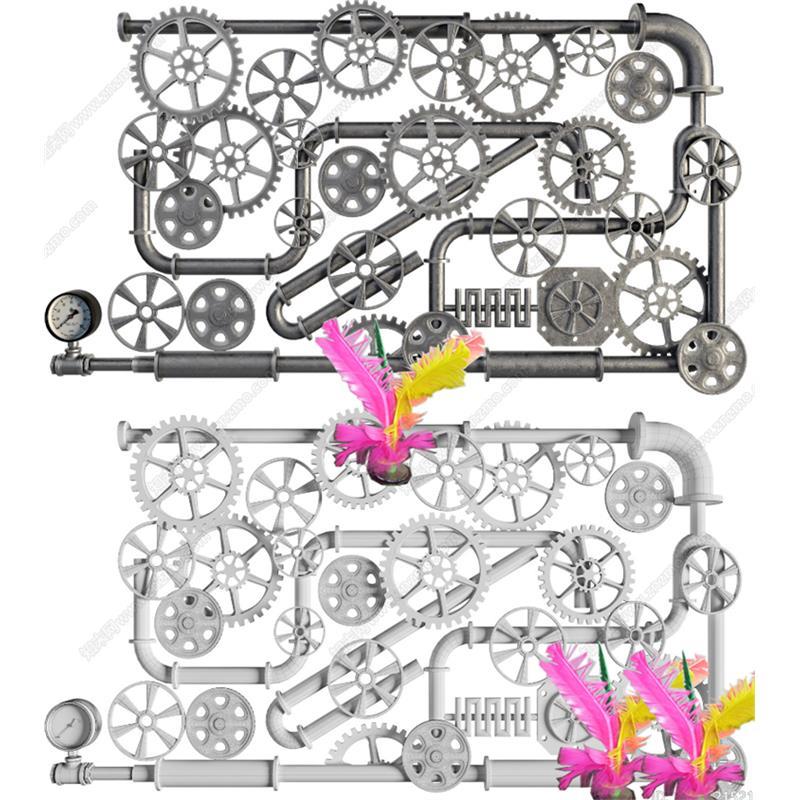 草图大师1590 工业风管道齿轮 墙饰压力表管道造型管道装饰SU模型