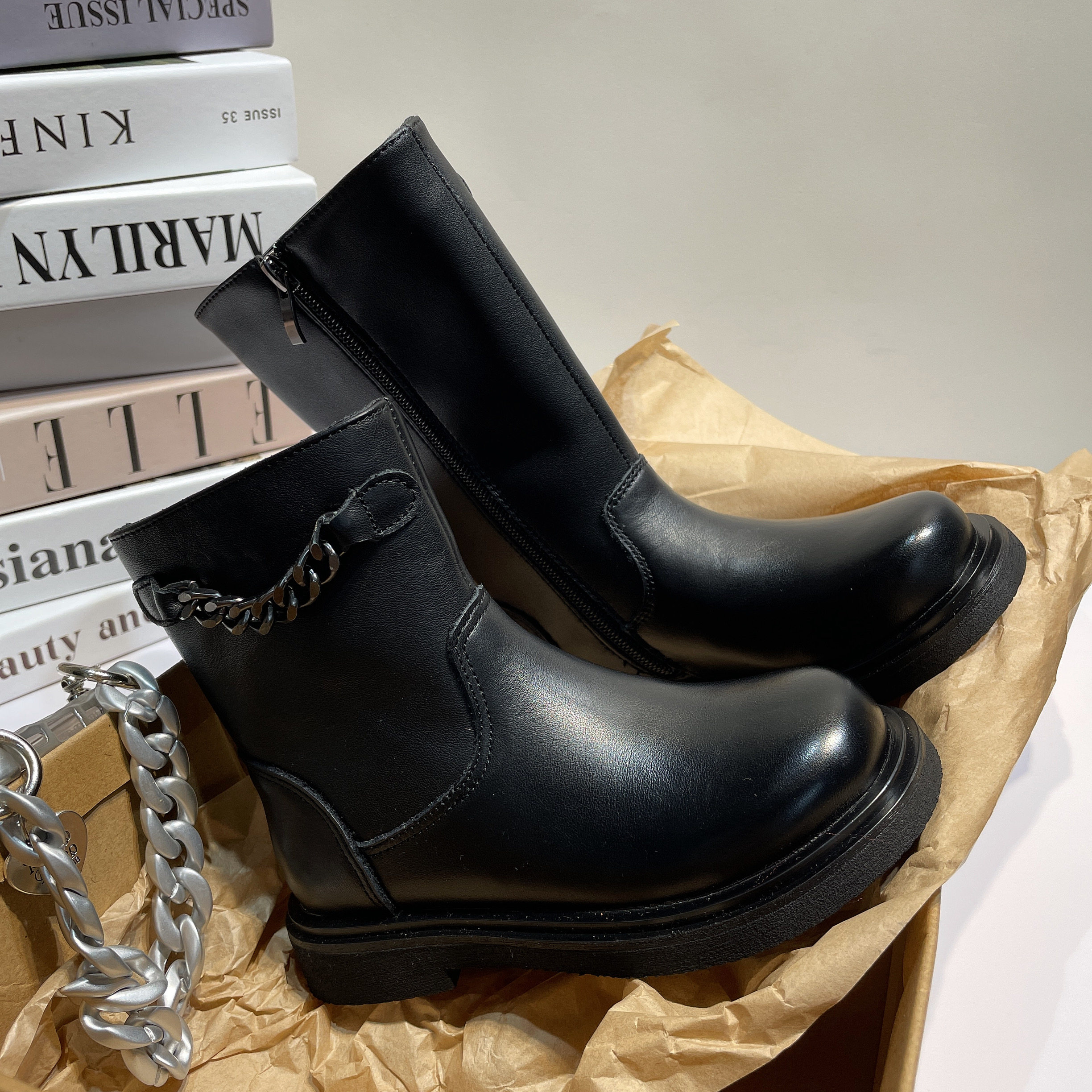 左左家女童长筒牛皮骑士靴秋冬新款儿童时尚中筒靴单靴皮靴子