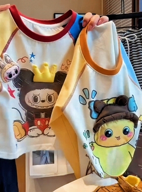 春秋长袖T恤拼色韩版儿童卡通玩偶立体男女童拉布布奶龙纯棉上衣