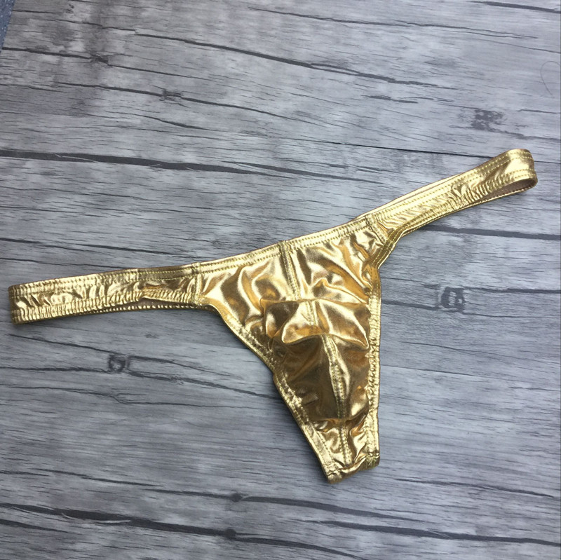 男士单丁内裤青年低腰性感烫金纯色仿皮面料炫酷丁字裤男T裤