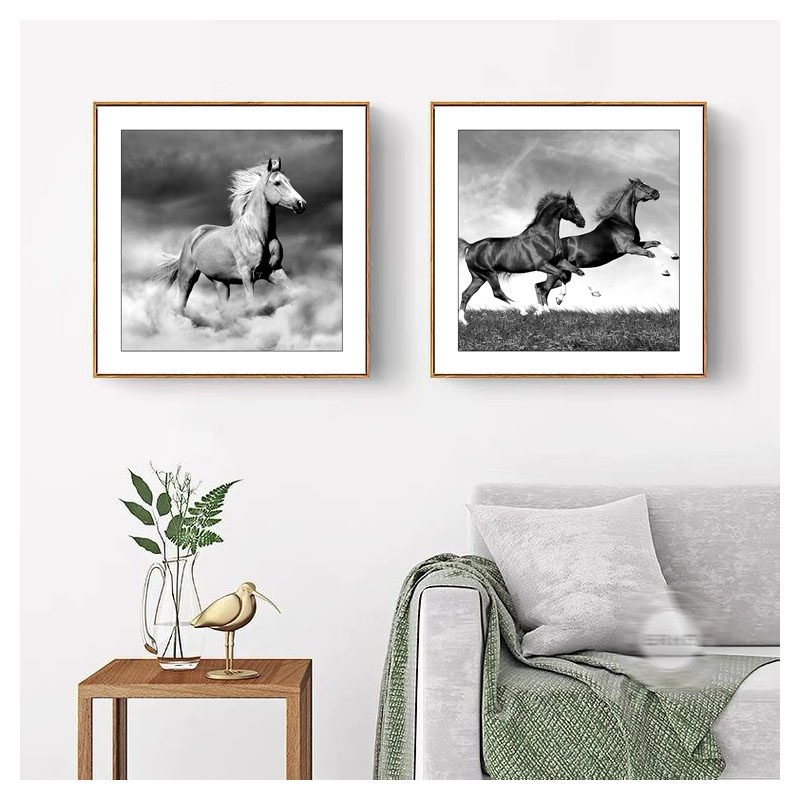 新品轻奢风装饰白马到成动物画挂画现代简黑约功办公室客厅背景墙