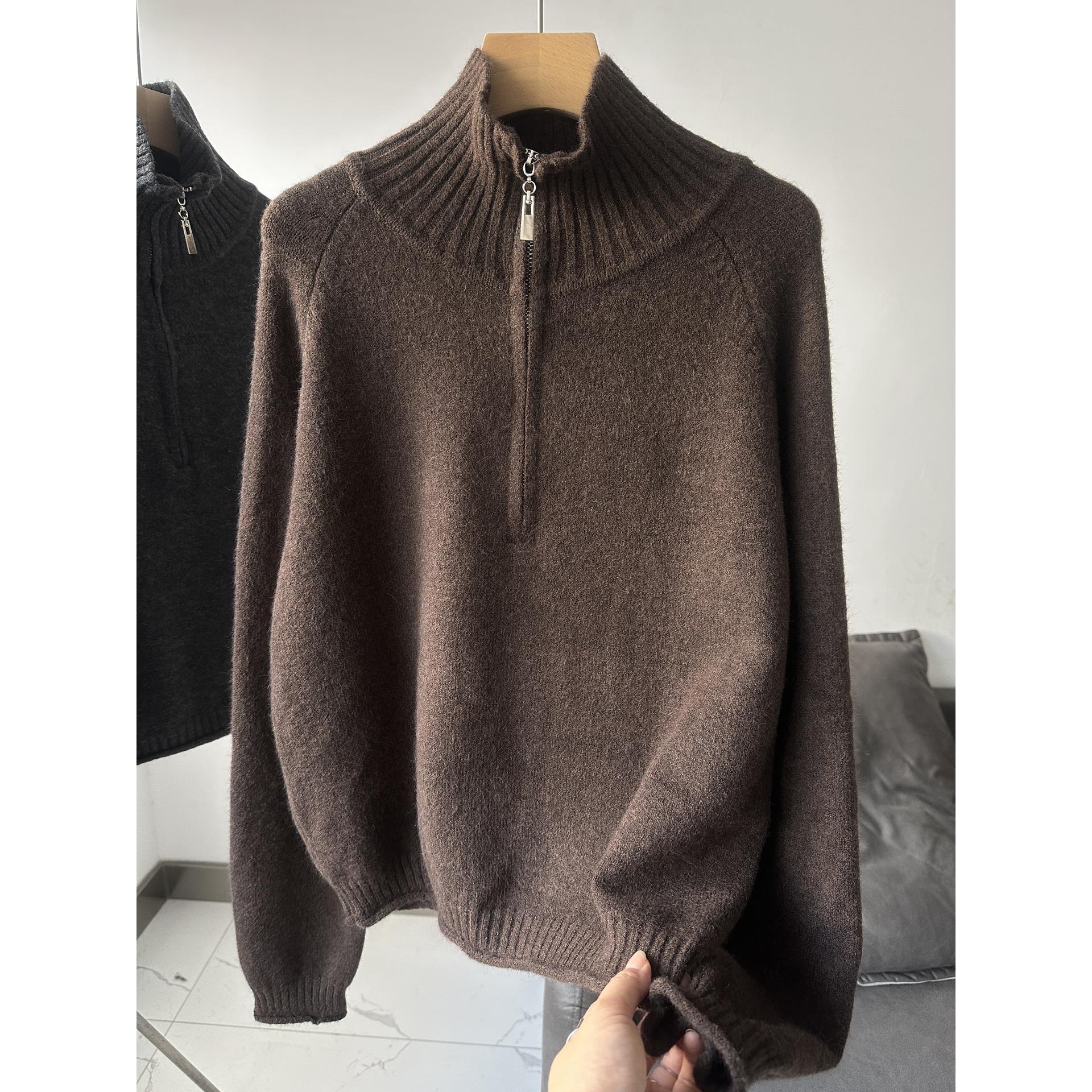 欧韩女装韩系慵懒风半拉链立领卷边下摆毛衣潮宽松显瘦坑条针织衫