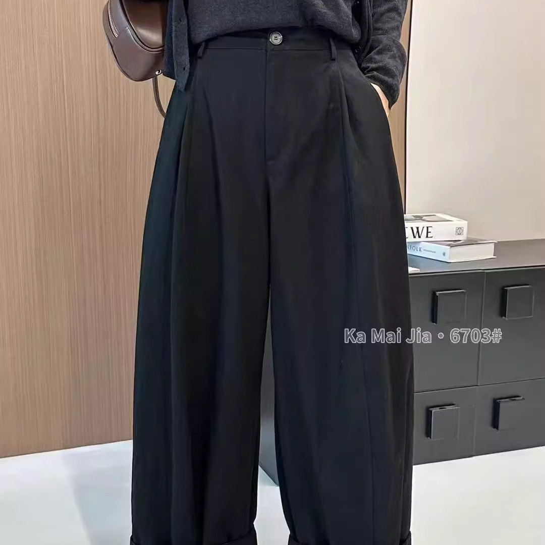 欧货初秋新款韩版宽松显瘦百搭休闲裤女高腰直筒阔腿卷边潮长裤子