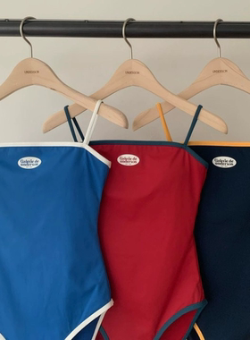 韩版2024新款泳衣女连体三角运动风纯色显白遮肚子露背海边度假装