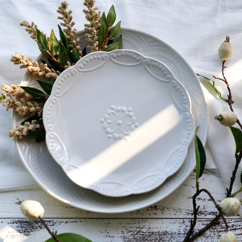 一鸿陶瓷瓷器餐具浮雕花纹纯色 雪樱蕊 圆盘 西餐盘 果盘 甜品盘