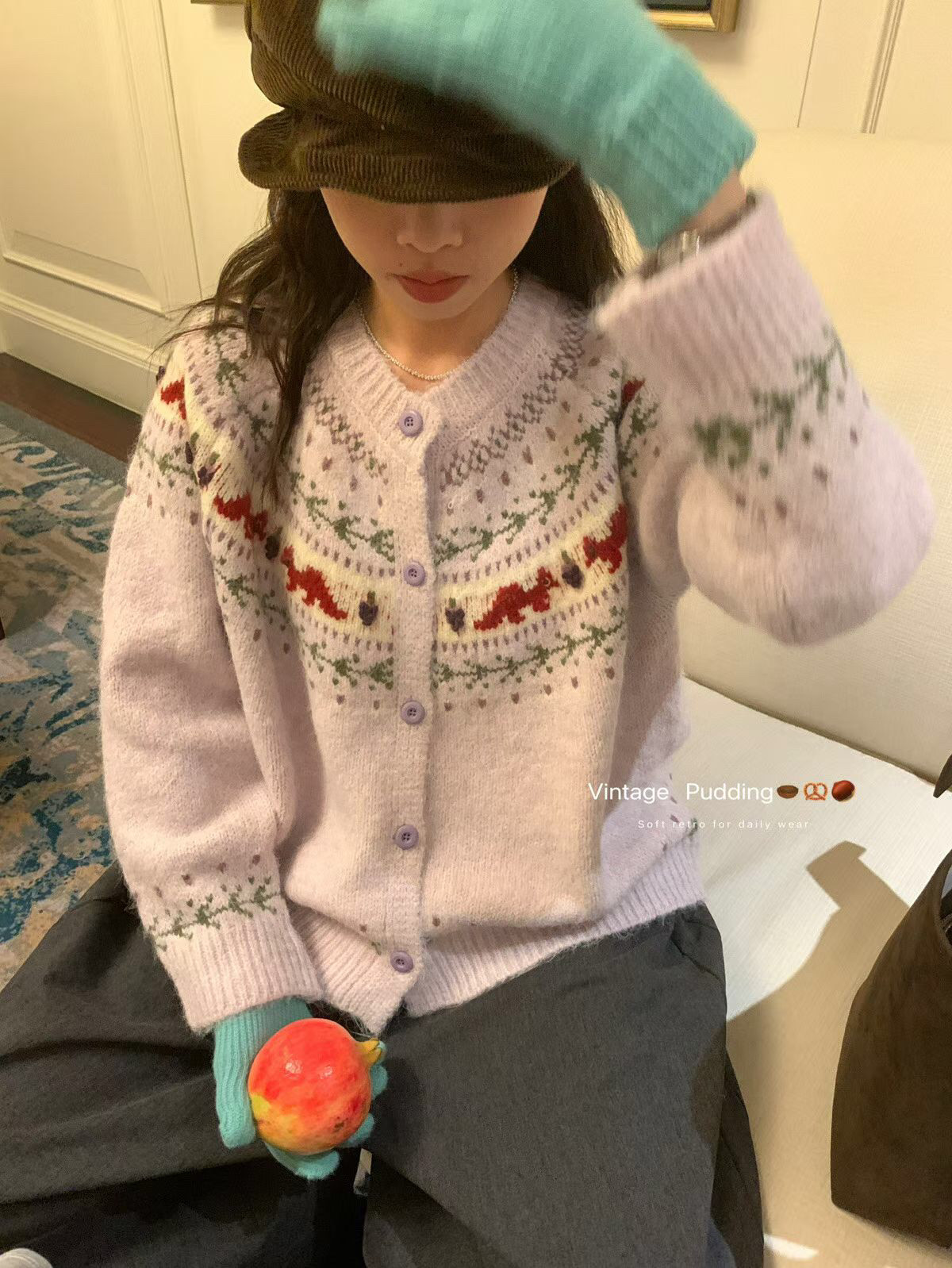 韩系甜美风撞色提花圆领毛衣开衫