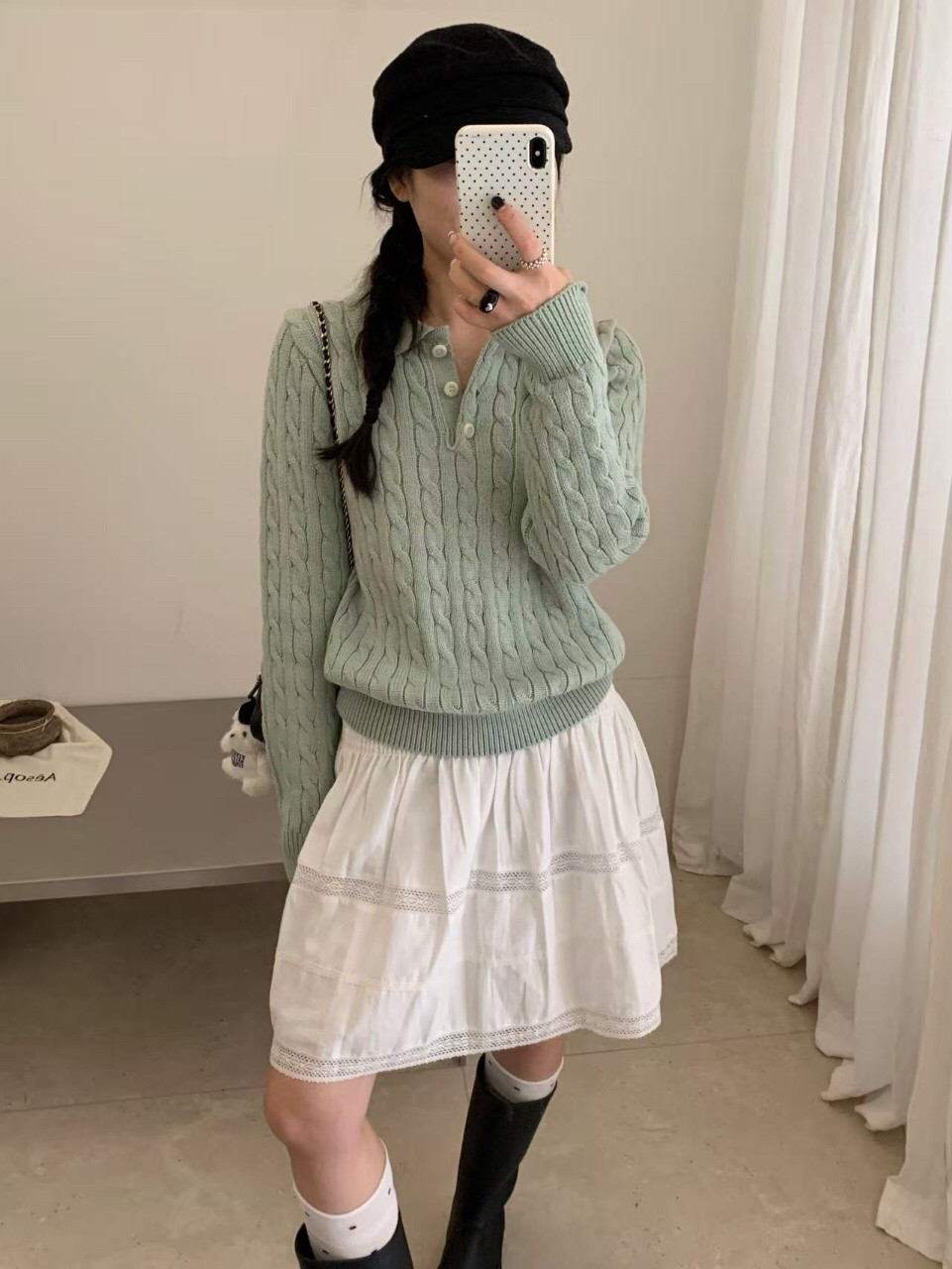 韩系半纽扣套头翻领麻花毛衣女