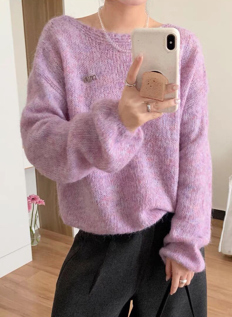 短款收腰灯笼袖圆领套头毛衣女