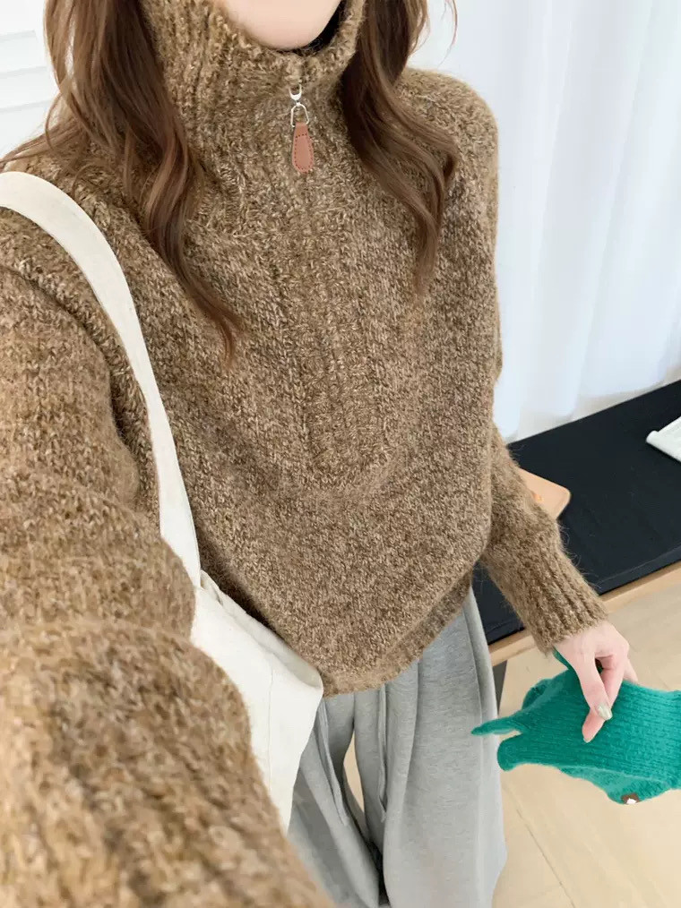 欧芷澜韩系半拉链高领花线套头毛衣女秋冬新款宽松杂色翻领针织衫