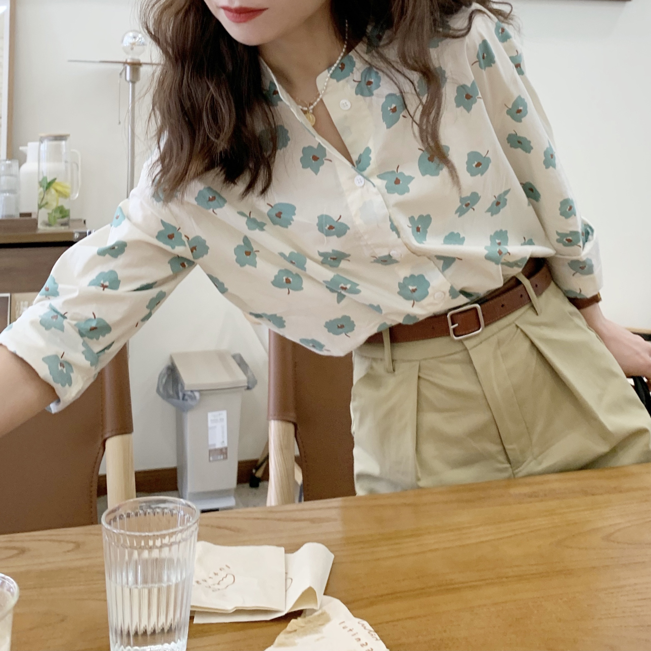 大吹女/春夏去踏青谈恋爱 韩系薄荷绿印花复古法式立领碎花衬衫