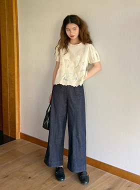 大吹女DCN夏季双口袋薄款深蓝色高腰直筒九分阔腿牛仔裤