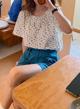 大吹女/夏 上身好看ji简设计蓝色碎花法式小衫娃娃款复古衬衫女