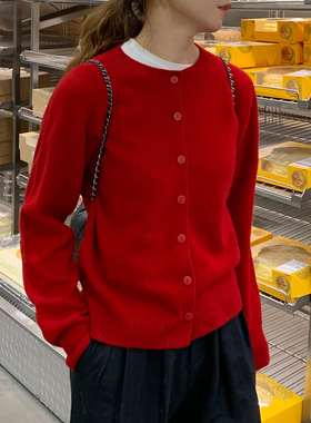 大吹女DCN/AW less is more巧黄银灰丹红百分百羊毛圆领开衫针织