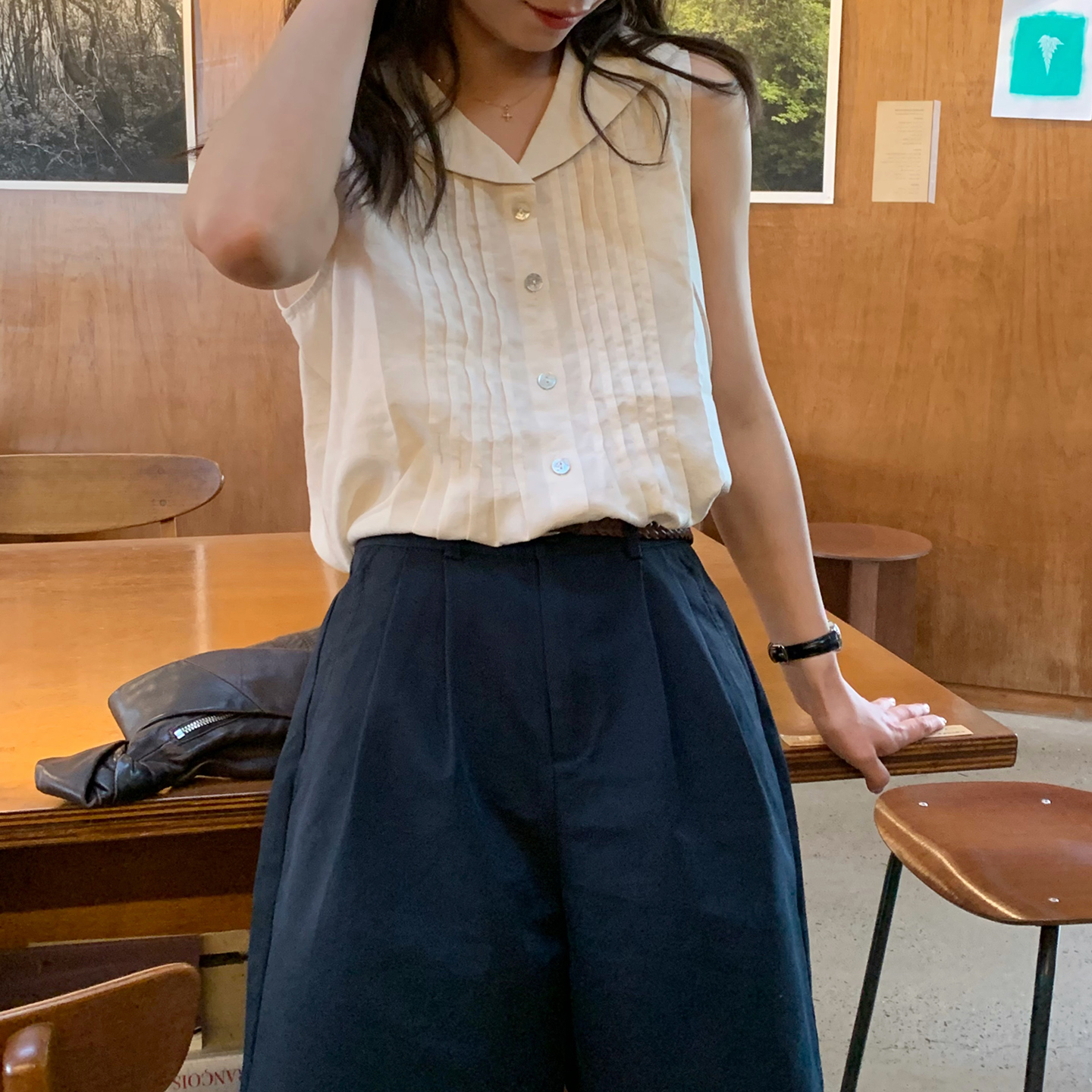 大吹女DCN夏季复古港风奶油杏色大翻领海军风无袖宽松衬衫背心