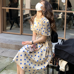 大吹女/夏清凉哥本哈根蓝波点复古南法奶杏元气短袖连衣中长裙