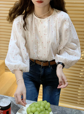 大吹女/ 法式小红莓 复古韩国小花暗纹面料双排扣显瘦白衬衫