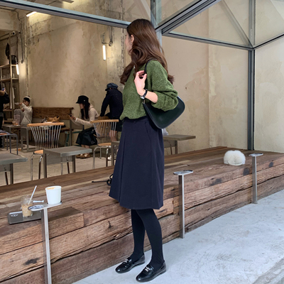 复古高腰打褶毛呢西装半身裙