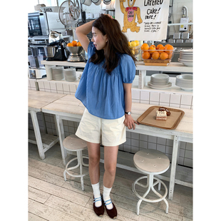 大吹女/夏日在逃公主浪漫小衫 显白海蓝色褶皱泡泡法式娃娃衬衫