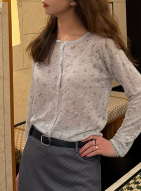 大吹女DCN夏季薄款小碎花镂空透气防晒长袖针织开衫