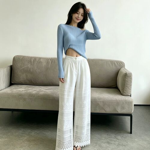 南油2026新款镂空绣花纯棉阔腿裤女高腰垂感透气亲肤遮肉显瘦女