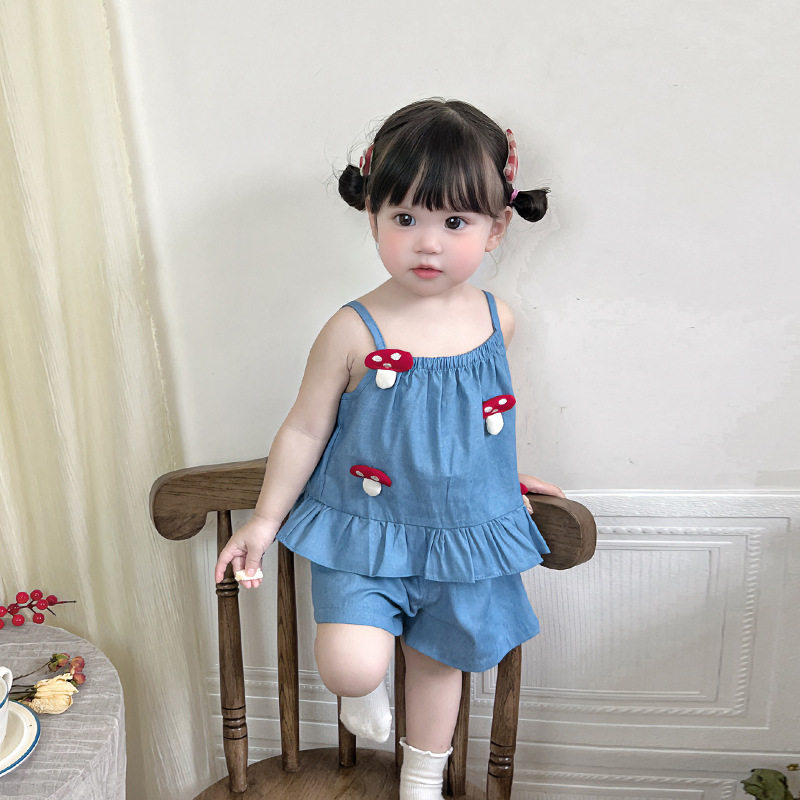 新款夏装小蘑菇吊带上衣短裤套装女童无袖宝宝纯色裤子两件套蓝色,童装/婴儿装/亲子装,儿童运动套装,淘宝优惠券,粉丝福利购,淘宝优惠卷