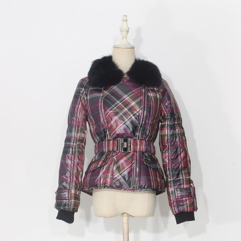 狐狸毛领90白鸭绒格子纹羽绒服女
