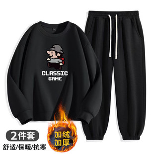 冬季新款休闲运动套装男士圆领卫衣两件套加绒加厚青少年大码男装