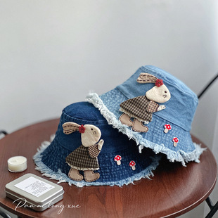 早春原创可爱小兔儿童牛仔渔夫帽女童毛边做旧盆帽宝宝卡通遮阳帽