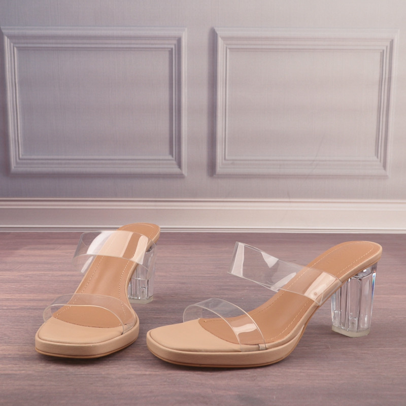 PP34-39码透明胶片粗跟性感女鞋子夏季外穿露趾一字凉拖鞋M51-2