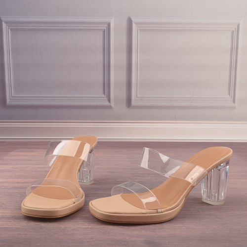 透明胶片高跟性感露趾一字凉拖鞋