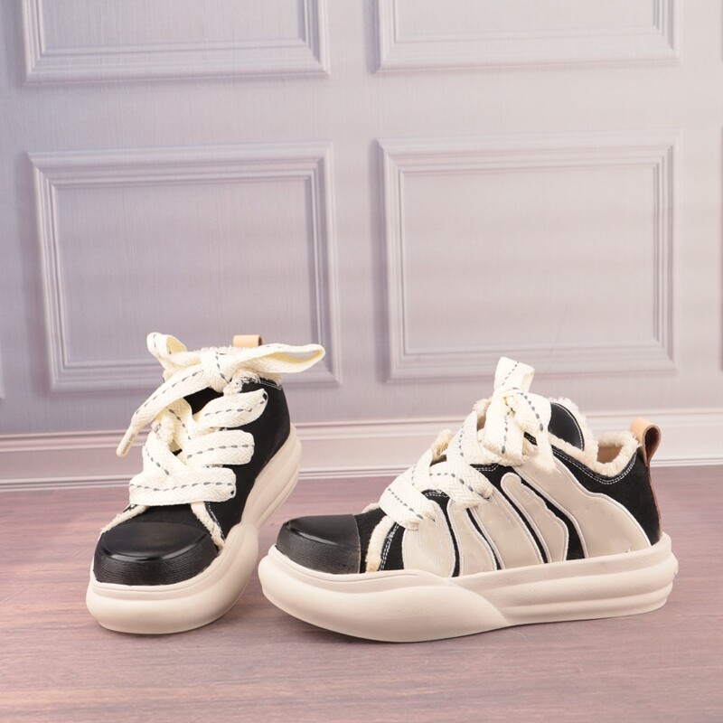 38码黑色圆头厚底交叉绑带女鞋子学院风日常休闲松糕鞋X90-2