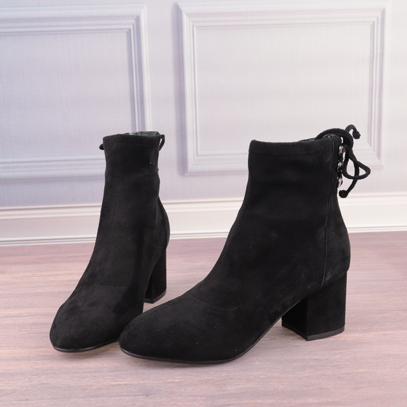 34码黑色圆头粗跟高跟绒面女鞋子真皮垫显瘦短筒弹力靴子T100-2
