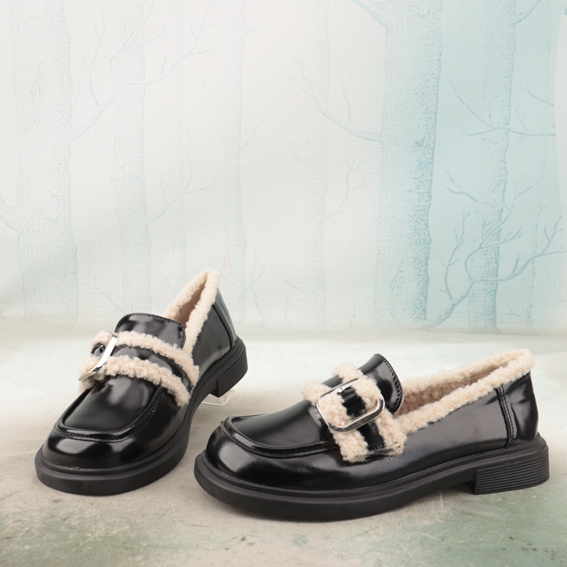 软面方头拼色金属皮带扣低跟甜美女鞋子舒适绒里单鞋乐福鞋N64-2