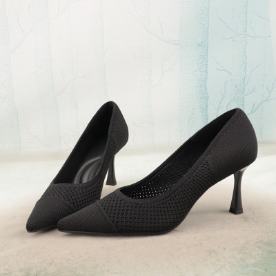黑色尖头细跟织物一脚蹬女鞋单鞋