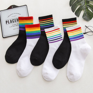袜子女中筒袜彩虹春秋短袜棉袜韩学院ins原宿日杠杠潮运动学生袜