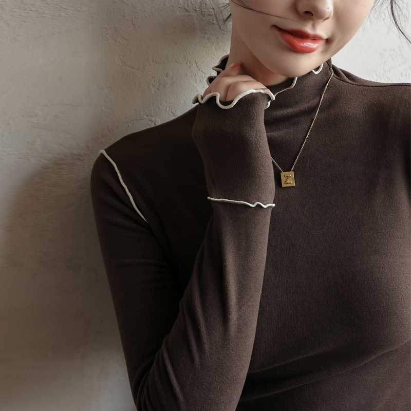 Q【羊绒蚕丝打底上衣】木耳边半高领德绒打底衫女内搭秋冬季长袖