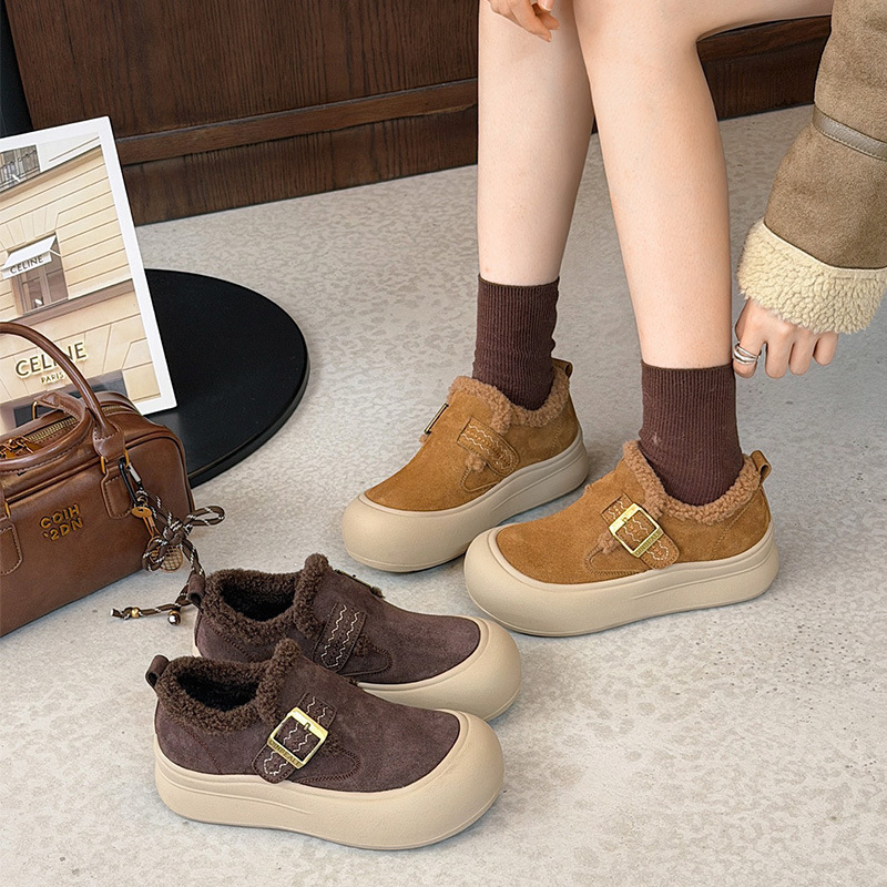 丑萌大头棉鞋女2025冬新款东北加绒保暖运动休闲鞋真皮搭扣一脚蹬
