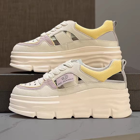 包头凉鞋女夏季2025新款松糕厚底罗马鞋增高小白鞋真皮镂空洞洞鞋