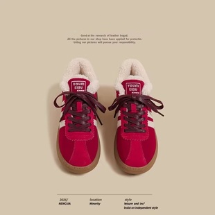 2025秋冬季新款厚底德训鞋女红色爆款阿甘老爹鞋条纹加绒运动潮鞋