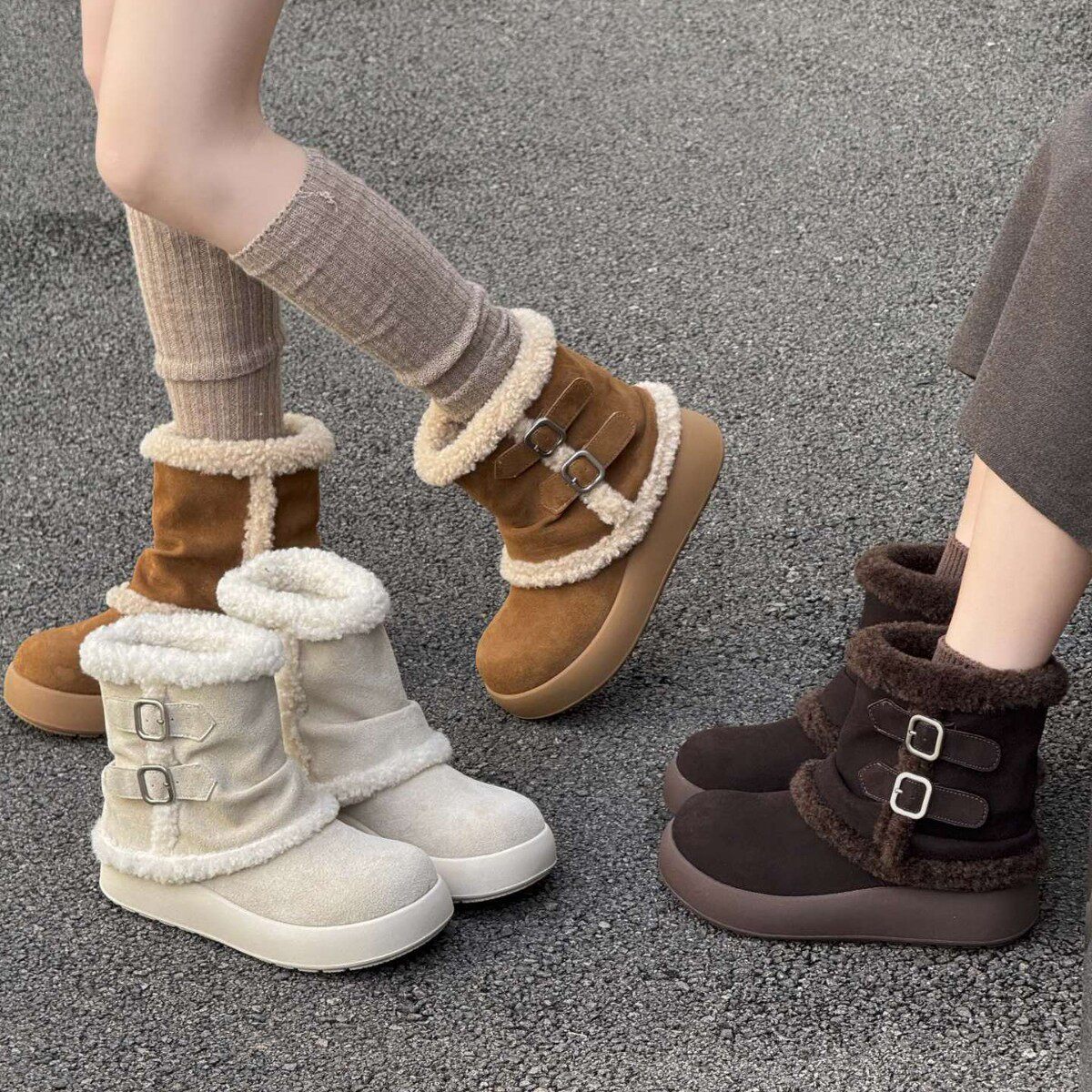 复古2025秋冬新潮款厚底搭扣雪地靴圆头厚底绑带设计保暖女靴子,女鞋,时尚雪地靴,淘宝优惠券,粉丝福利购,淘宝优惠卷