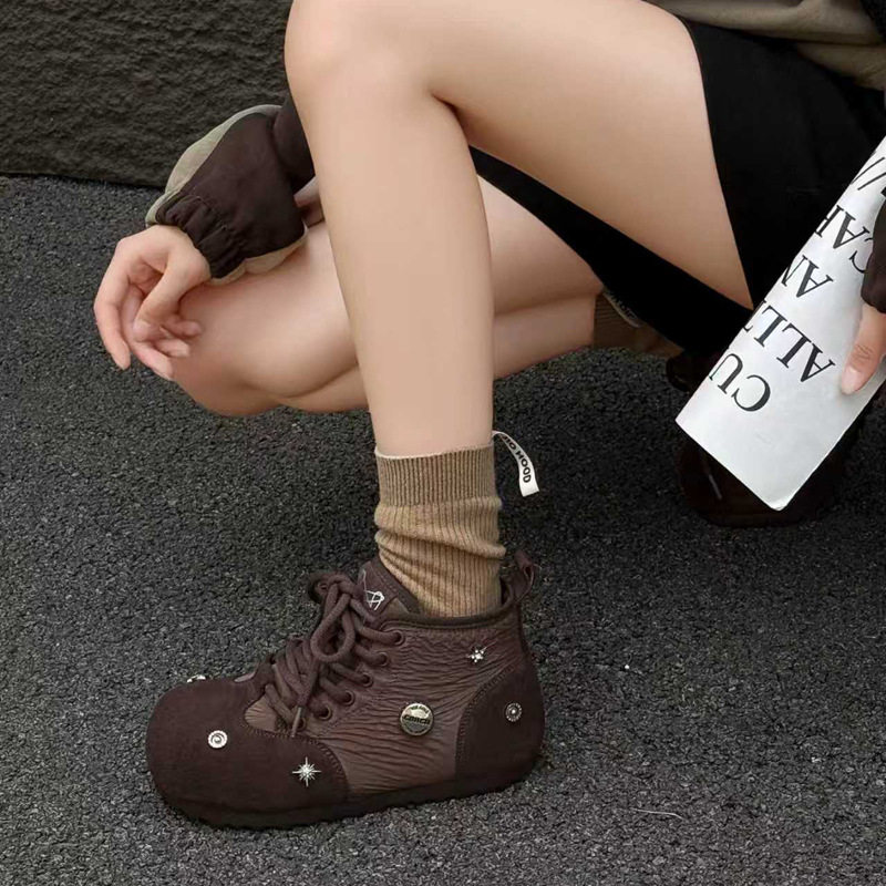 真皮丑萌高帮复古勃肯鞋女2025秋季新款内增高舒适软底系带休闲鞋,女鞋,棉鞋,淘宝优惠券,粉丝福利购,淘宝优惠卷