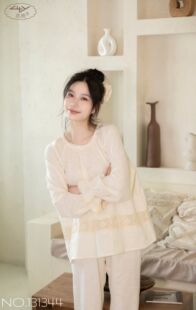 茜腾女士秋冬季新款棉麻长袖长裤圆领家居服睡衣套装